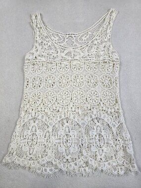 Boho Womens S/M Beachy Crochet Lace Tank Top Sleeveless  Blouse White